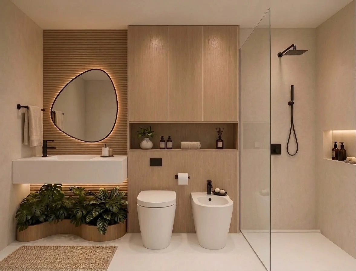 Lo specchio organico retroilluminato emerge sulla parete a doghe in legno e accompagna il lavabo sospeso dalle linee essenziali. La vegetazione inserita nella parte inferiore introduce un elemento naturale, mentre sanitari, arredi su misura e doccia 