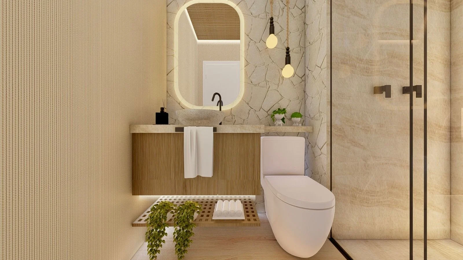 Interior design di bagno moderno con lavabo da appoggio, parete in pietra, rubinetteria nera e illuminazione a sospensione.