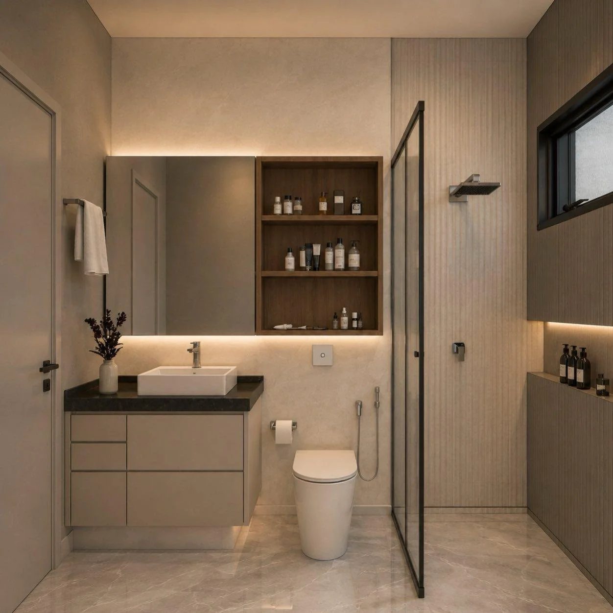 Lavabo, contenimento e doccia trovano posto in una composizione essenziale, scandita dal legno e dai profili neri.