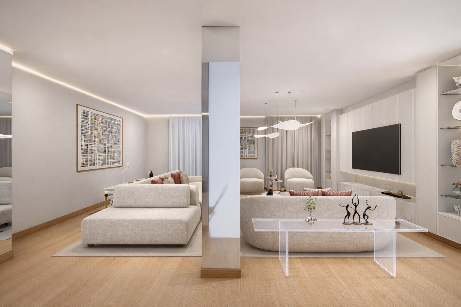 Soggiorno moderno con divani chiari, scaffali, e dipinti astratti alle pareti, illuminato da luci soffuse e lampade decorative, con tavolini e oggetti decorativi.