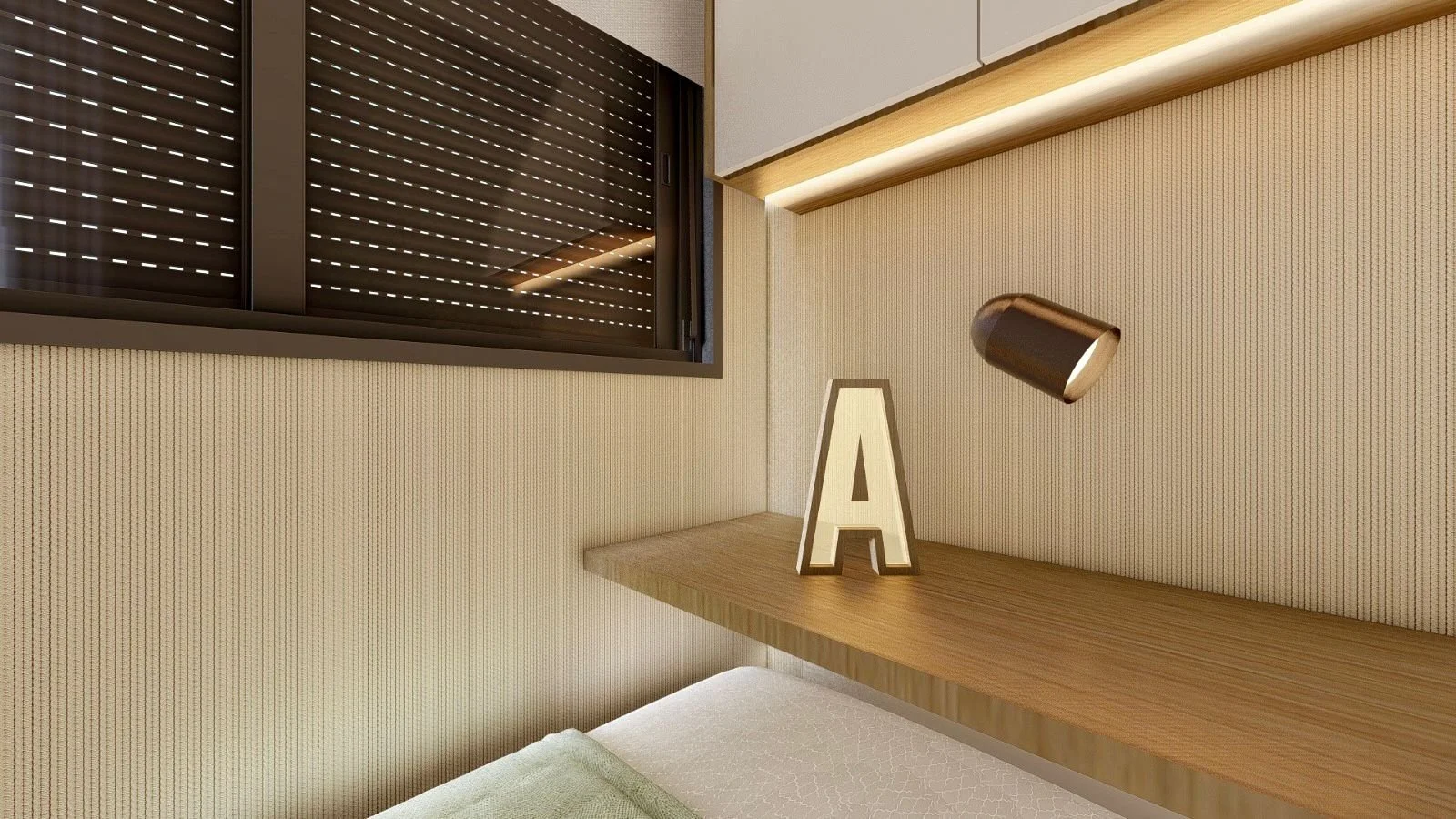 Scrivania in legno su misura per camera da letto moderna con illuminazione integrata e design salvaspazio.