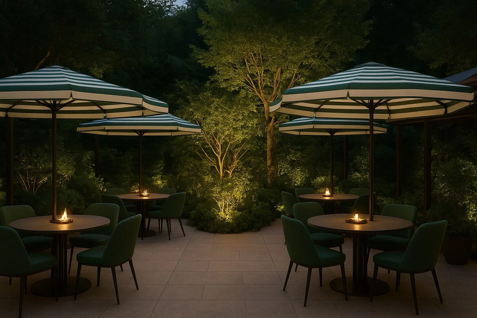 Soluzioni di illuminazione e arredo per spazi esterni commerciali: rendering di tavoli circolari con fiamme scenografiche e luci soffuse in un giardino alberato.