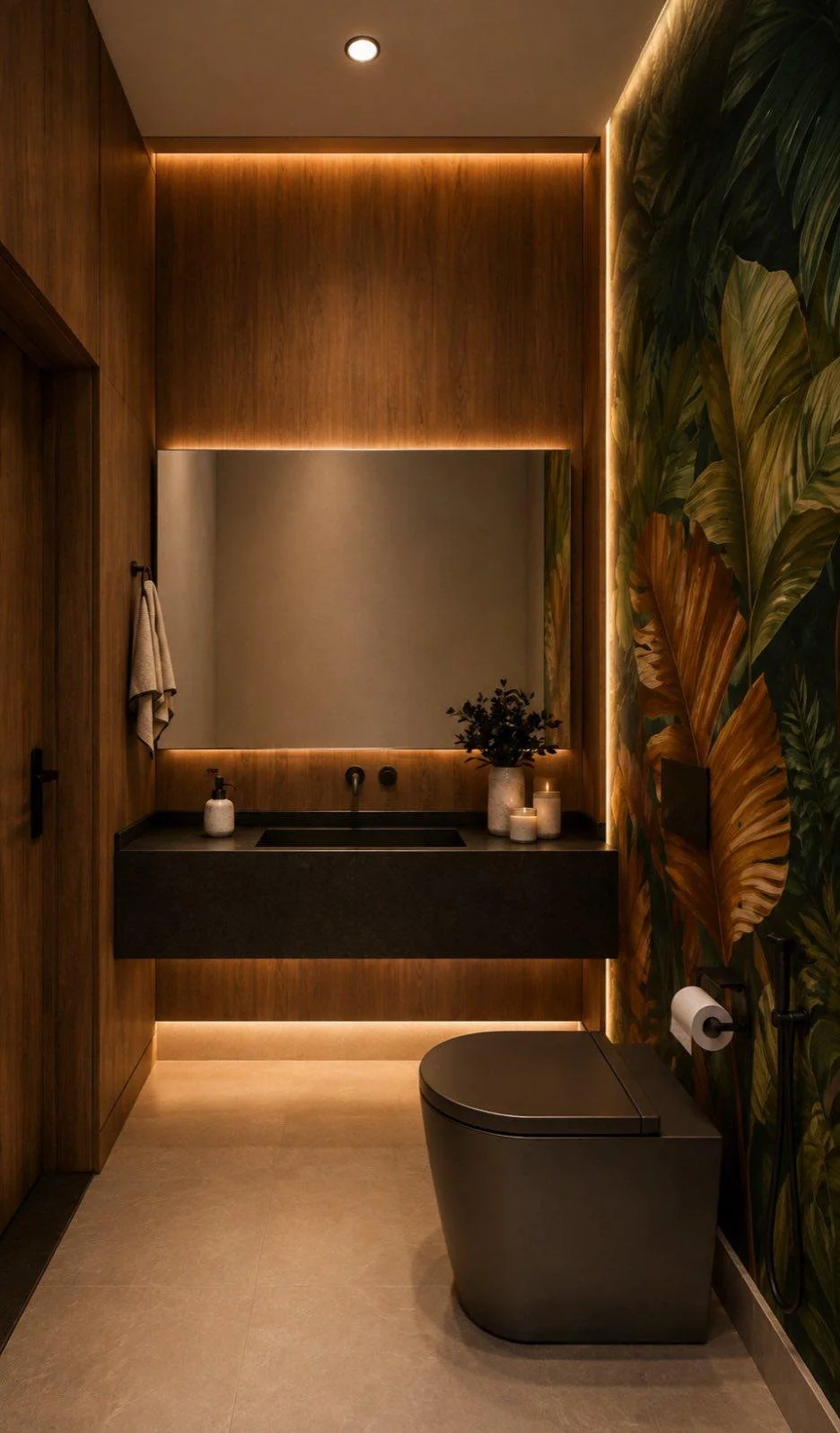 Il legno scuro avvolge la zona lavabo, mentre la parete botanica introduce un cambio deciso di colore e scala.