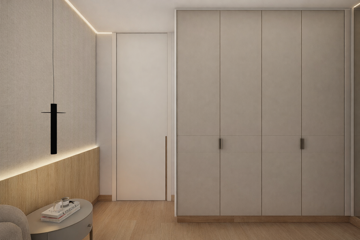 Armadio e scaffale decorativo in camera ospiti minimalista, progettati per ordine e stile contemporaneo.