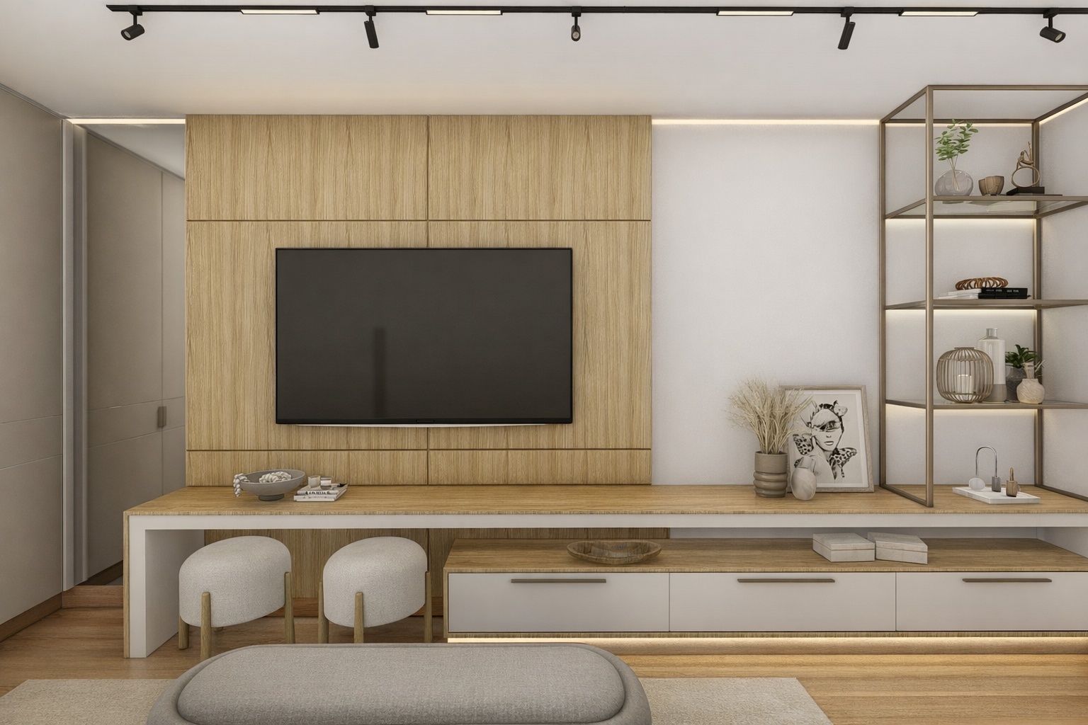 Camera ospiti moderna con pannello TV in legno, due pouf contenitivi e arredo lineare dal gusto minimal.
