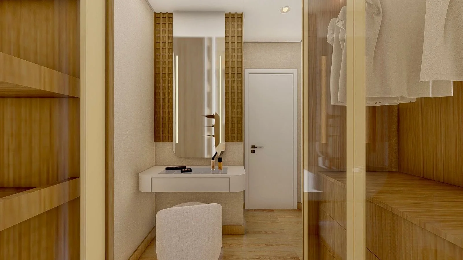 Cabina armadio con ante vetrate, interni in legno e illuminazione calda integrata. La disposizione crea un percorso fluido tra guardaroba, zona beauty e camera matrimoniale.