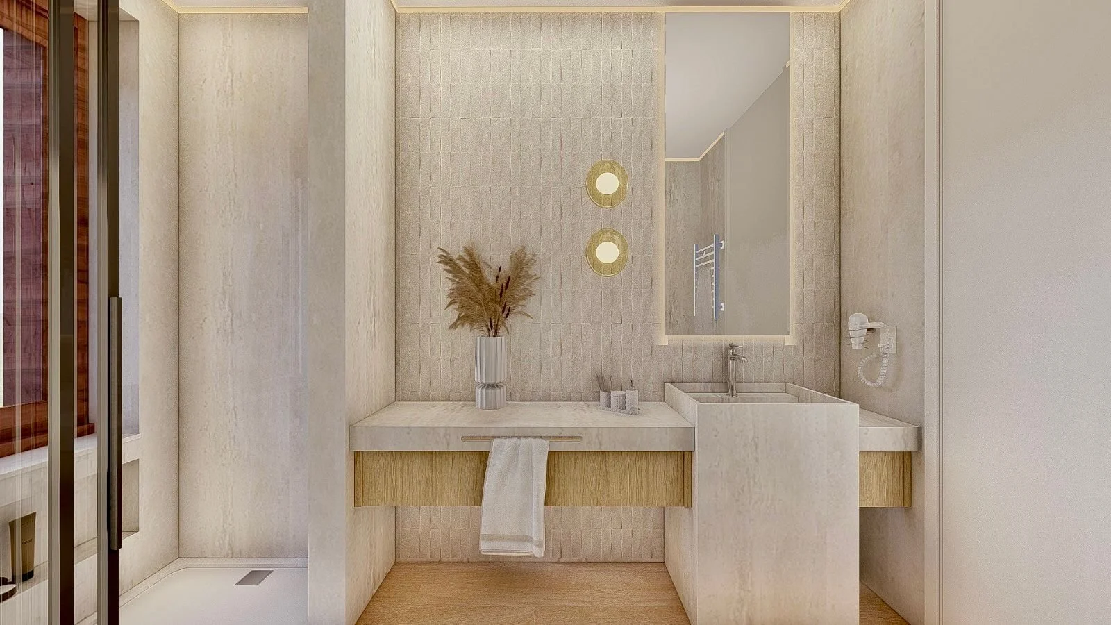Bagno con lavabo e specchio, decorazioni minimalisti, pareti chiare e tende di vetro.