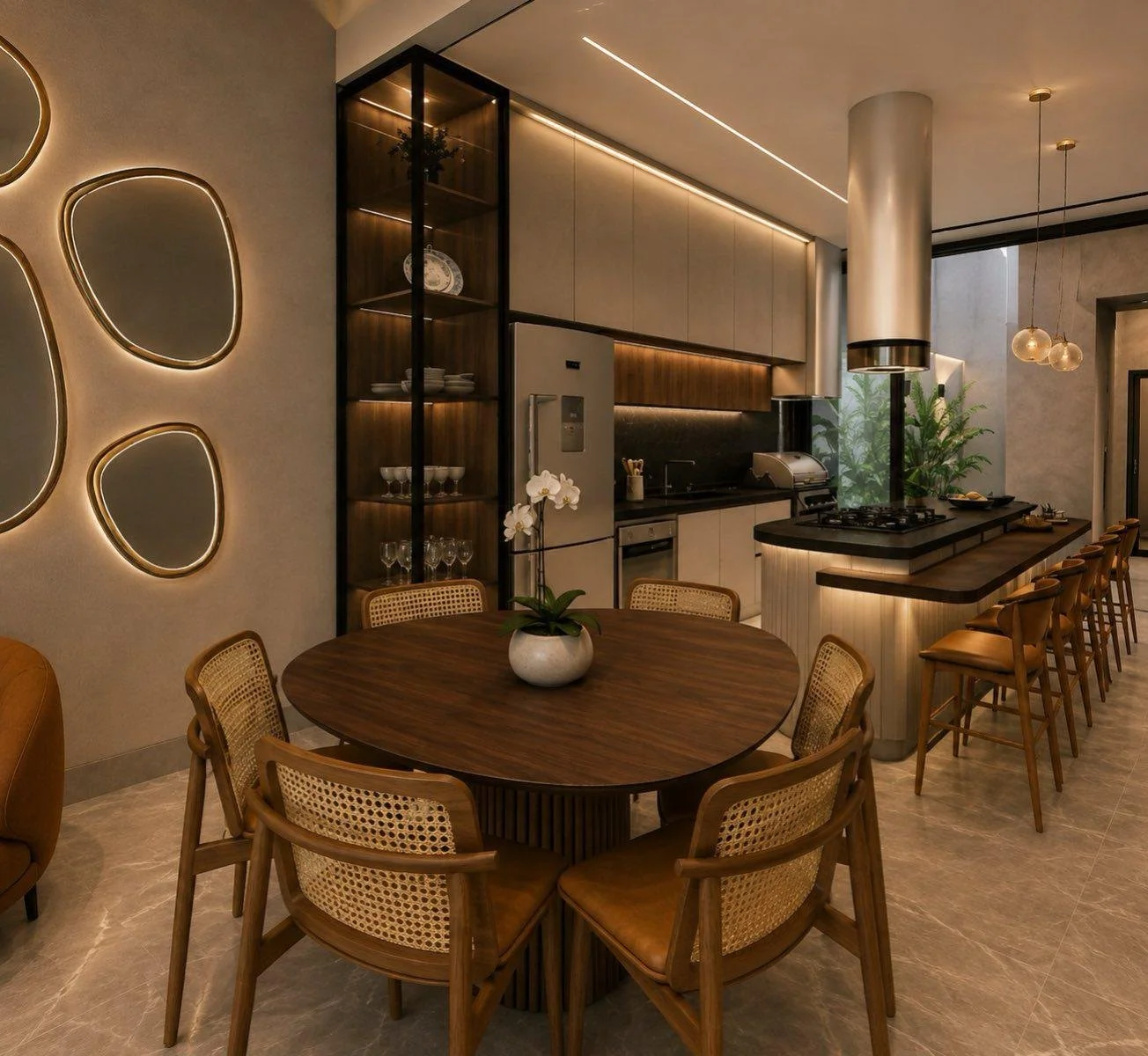 Il tavolo rotondo segna il passaggio tra living e cucina, lasciando lo sguardo libero lungo tutta la zona giorno.