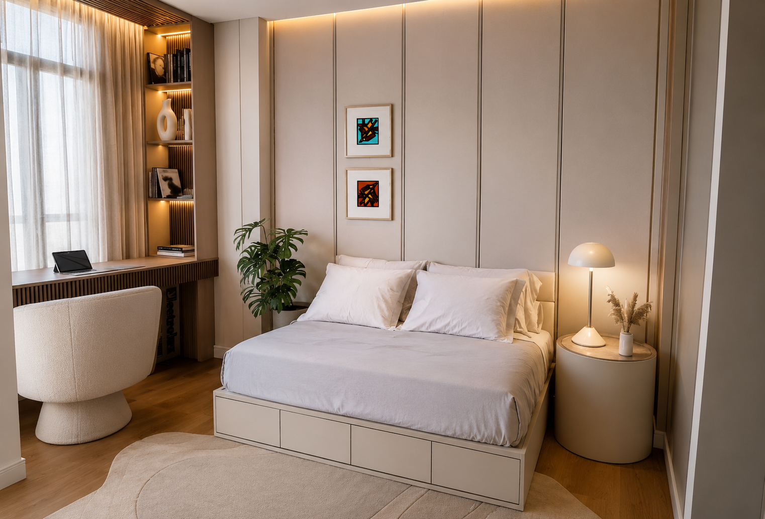 Suite ospiti con zona studio, divano letto e armadiatura su misura.