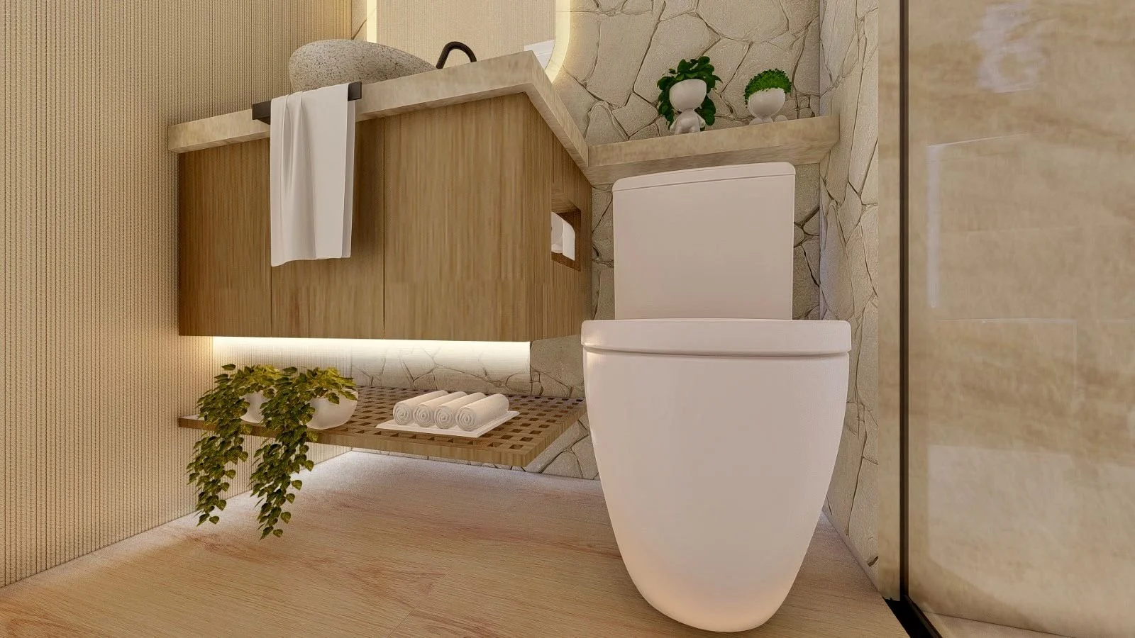 Bagno contemporaneo con mobile bagno in legno su misura, sanitari bianchi, pietra naturale e illuminazione LED.