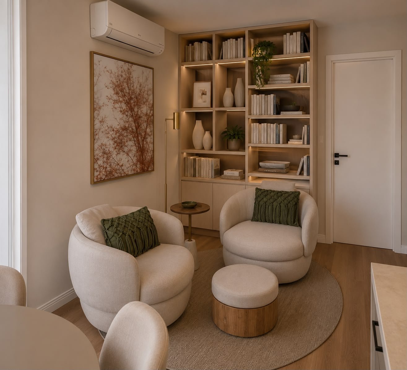 Un angolo dedicato alla lettura e al relax completa l’area living. Due poltrone dal design organico dialogano con la libreria su misura retroilluminata. Il legno e l’illuminazione calda valorizzano la composizione e mantengono continuità con la palet