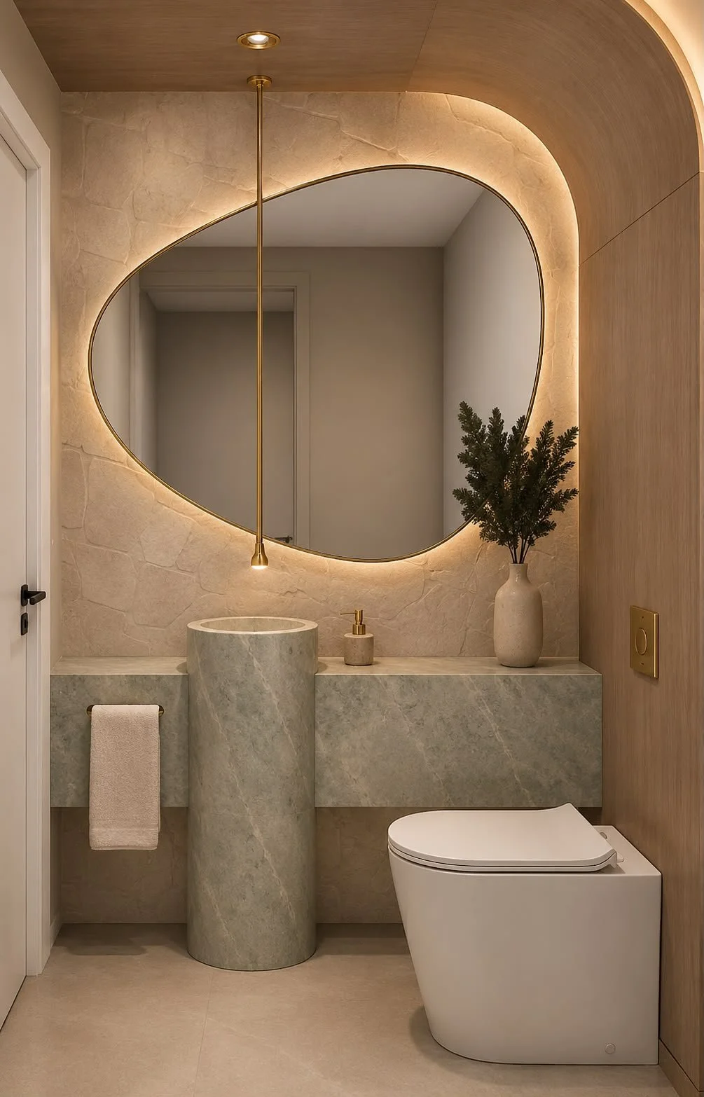 Bagno della zona giorno con lavabo scultoreo in marmo verde, specchio organico retroilluminato e pannello in legno