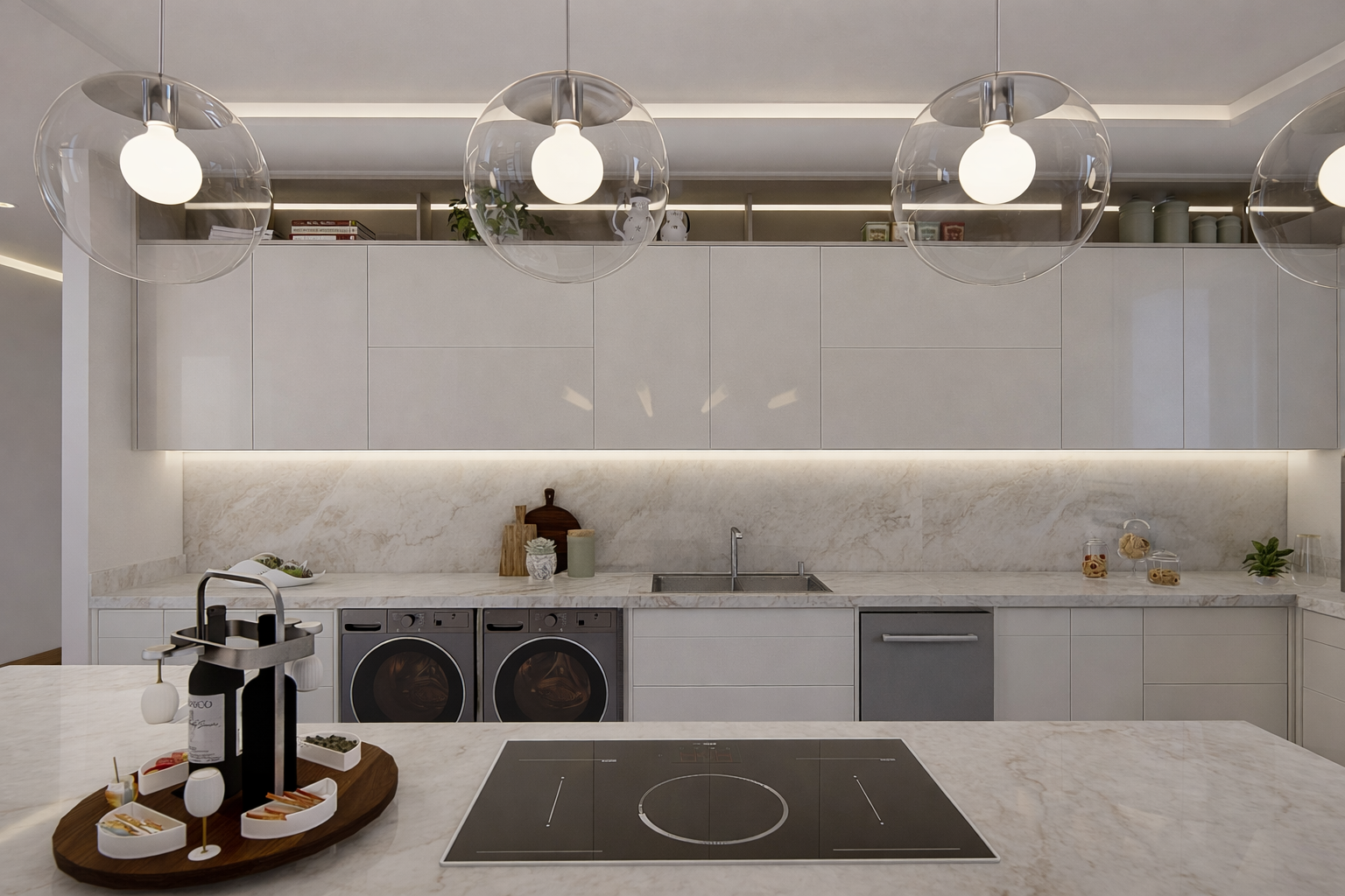 Cucina minimalista con piano in marmo, isola centrale, lampade a sfera trasparenti sospese, lavatrice e elettrodomestici integrati, decorazioni moderne e piante.
