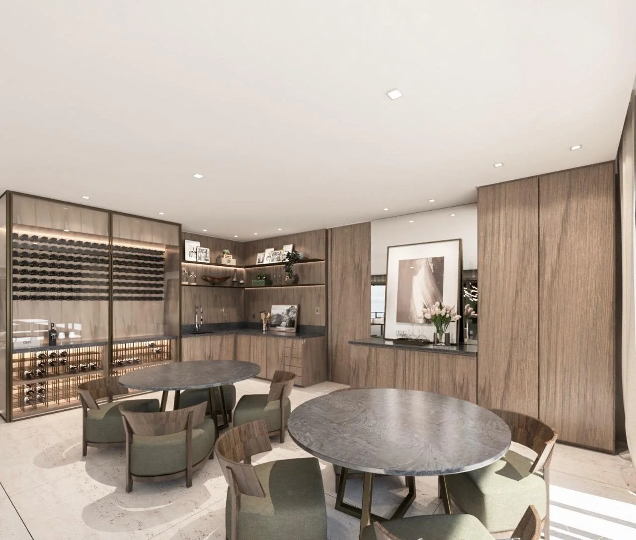 Lounge/area gourmet: spazio conviviale con cantina vini a vista, boiserie continua e tavoli rotondi per l’accoglienza.