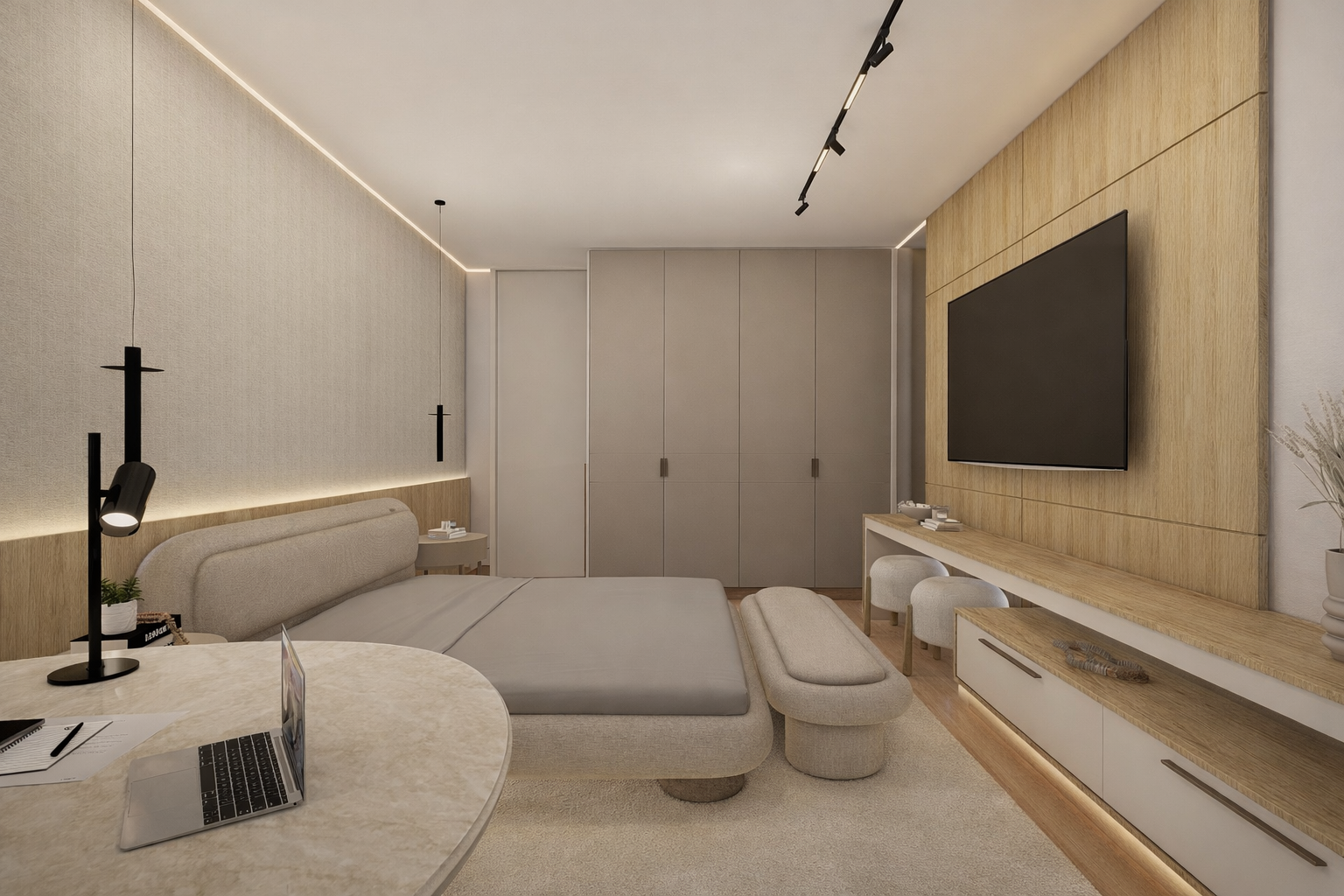 Progetto di camera matrimoniale ospiti in stile minimalista, con scrivania funzionale, lampade sospese nere, carta da parati decorativa sopra la testata del letto e pannello TV in legno con due pouf integrati.