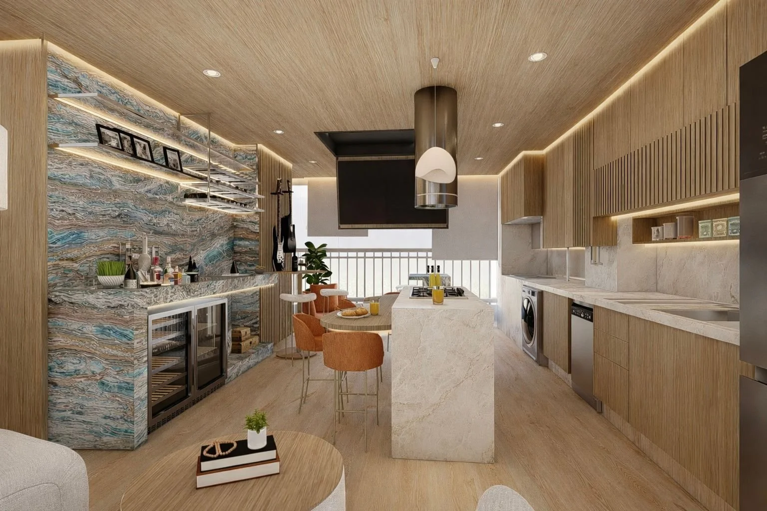 Ambiente open space con cucina, isola centrale, zona pranzo e bar integrati. Legno, pietra e dettagli terracotta definiscono un progetto contemporaneo pensato per convivialità e comfort.
