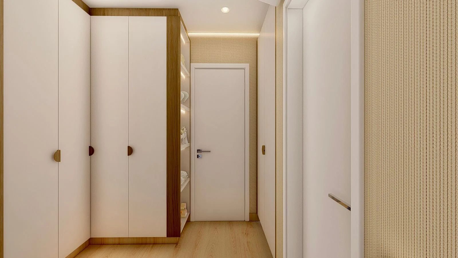 Arredamento camera da letto moderna con letto contenitore, comodino di design e dettagli decorativi in legno.