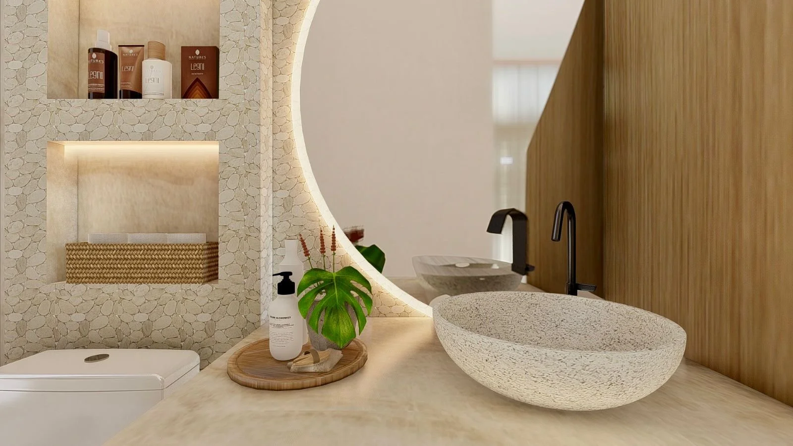Dettaglio della zona lavabo con vasca materica, rubinetteria nera e specchio retroilluminato. Le nicchie integrate nella parete offrono spazio contenitivo senza interrompere la pulizia formale del progetto.