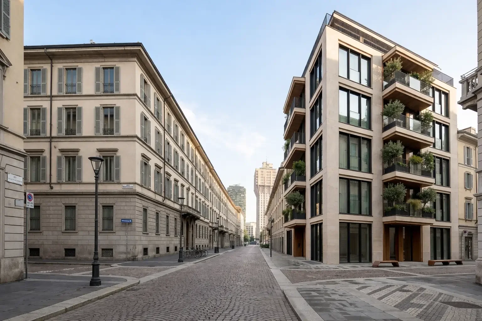 Strada cittadina con edifici moderni e panchine, pianta di alberi e lampioni, in un contesto urbano con grattacieli sullo sfondo.