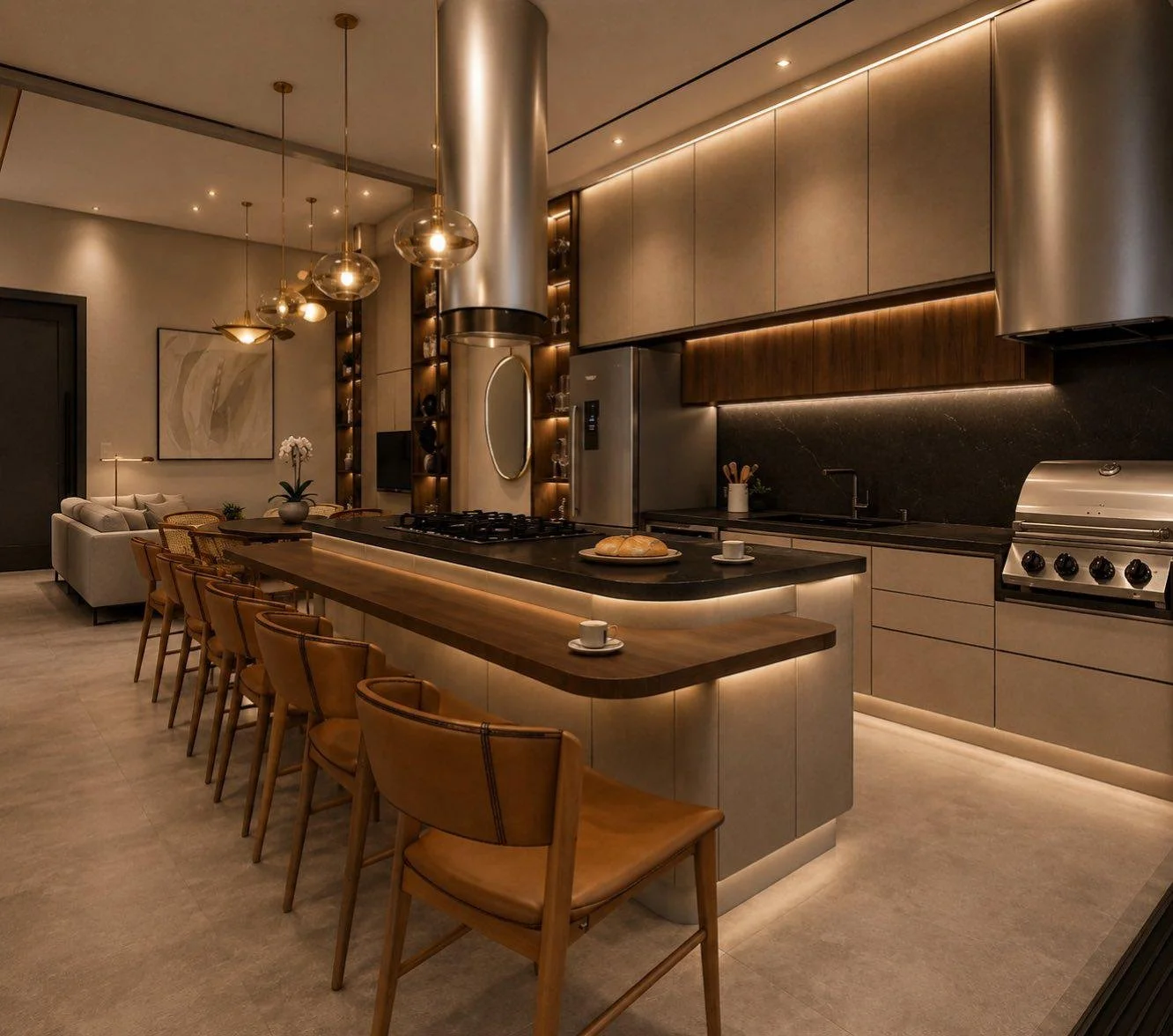La cucina si sviluppa attorno alla grande isola centrale. Legno, superfici scure e luce integrata tengono insieme le diverse parti.