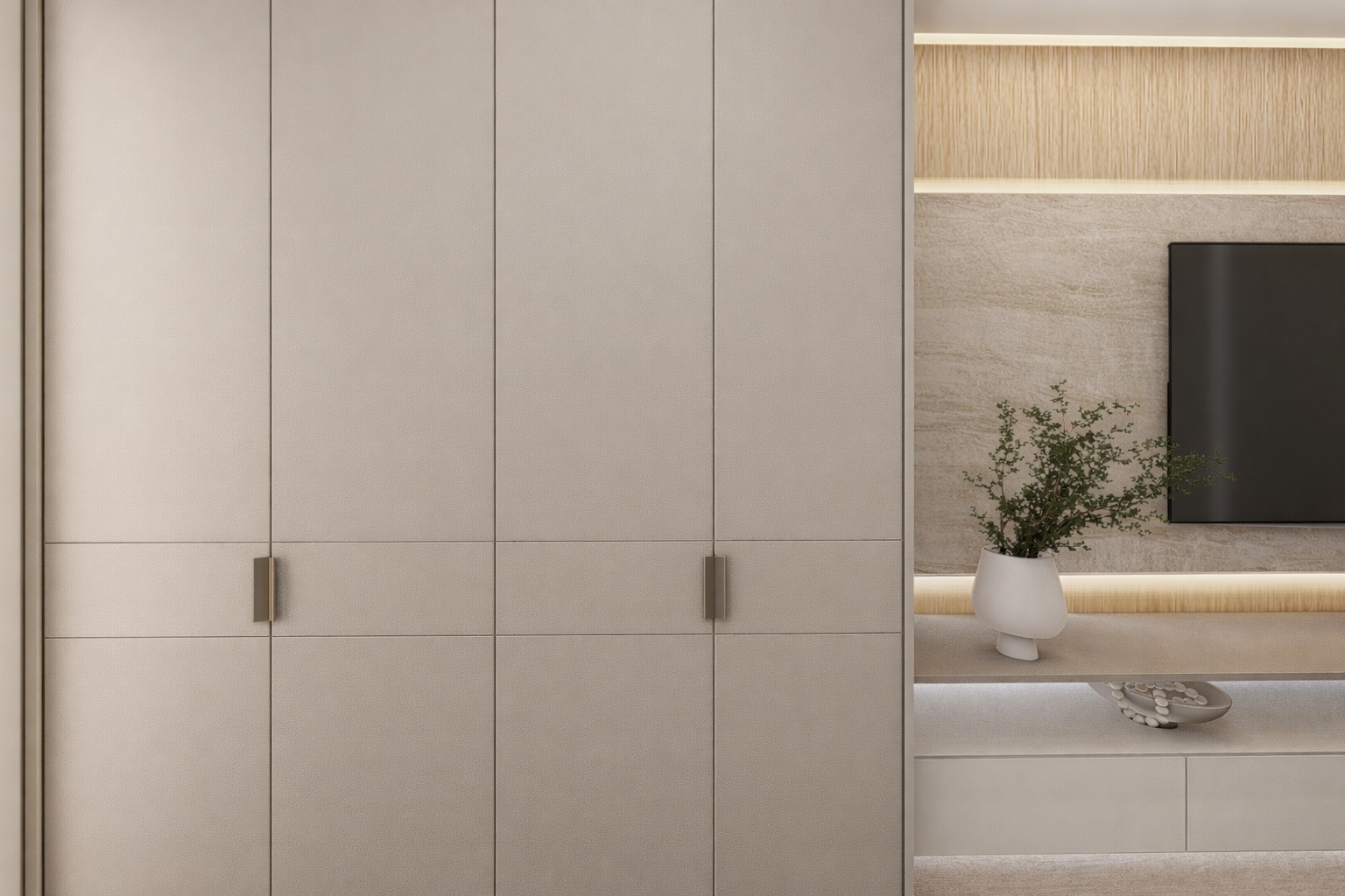 Ambiente notte con design elegante, pannellature in legno e dettagli luminosi moderni.