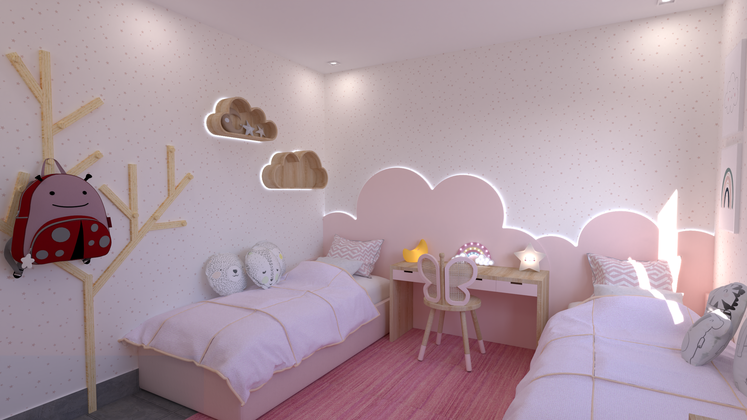 Cameretta condivisa dai toni rosa cipria, con testiera a nuvola retroilluminata e dettagli giocosi.