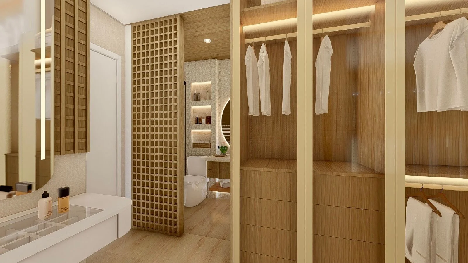 Vista d’insieme della suite matrimoniale con cabina armadio a vista e accesso al bagno privato. Il legno naturale, le tonalità neutre e le partizioni geometriche creano continuità tra le diverse funzioni.