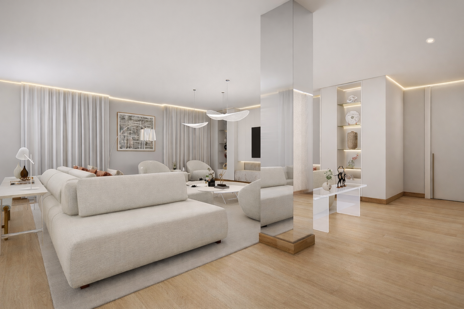 Interno di un soggiorno moderno con divani bianchi, tavolini, scaffali e decorazioni in stile minimalista.