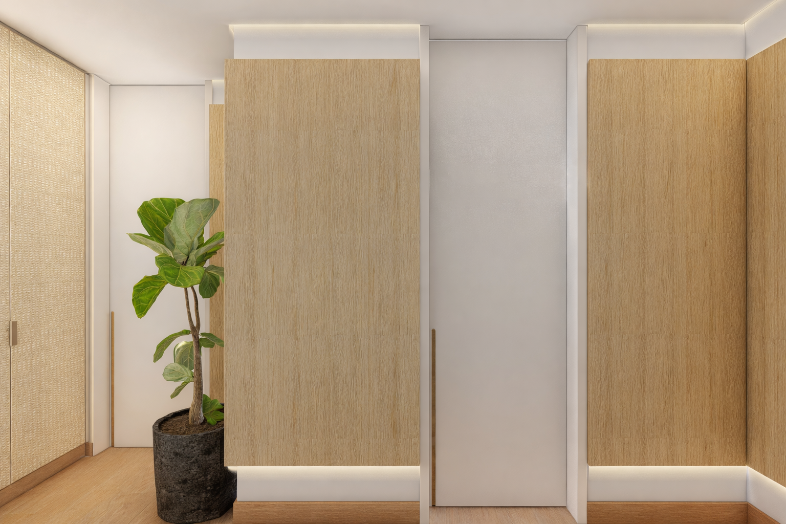 Interno di un ambiente con pareti in legno, una pianta in un vaso nero e luci nascoste.