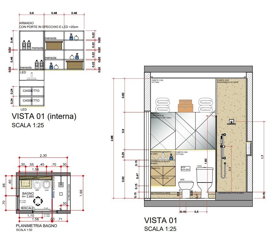 Planimetria bagno e vista interna con dettagli tecnici su disposizione sanitari, altezze dei pensili e ingombri degli arredi in un ambiente moderno.