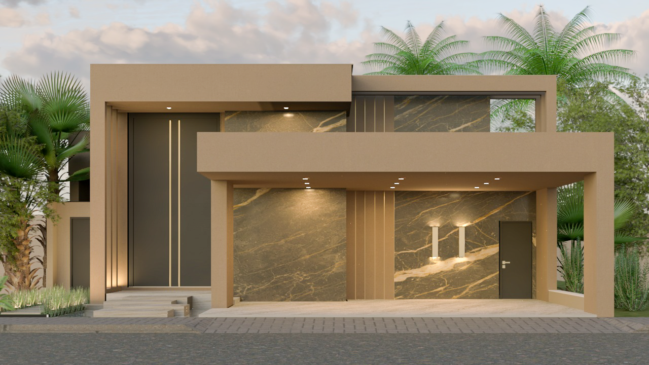 Render – facciata: volumi contemporanei, cornici in tonalità calda e rivestimento effetto marmo per un ingresso scenografico.