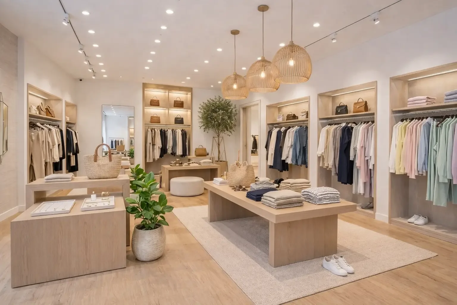 Interno di un negozio di abbigliamento con abiti, borse e scarpe in esposizione, decorazioni in stile minimalista e luci calde.