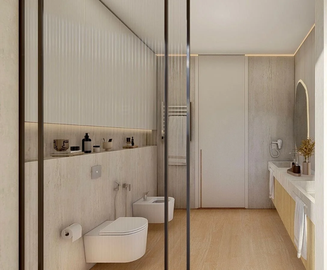Bagno moderno con pareti e pavimenti in tonalità neutre, lavabo con piante e vasetti decorativi, specchio, asciugamani e servizi igienici compresi bidet.