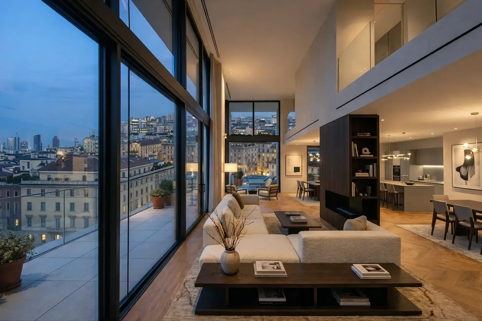 Interno di un moderno appartamento con grandi finestre che mostrano una vista della città di sera, soggiorno con divano beige, tavolini, libreria, stanza da pranzo e cucina in sfondo, arredamento elegante e luminoso.