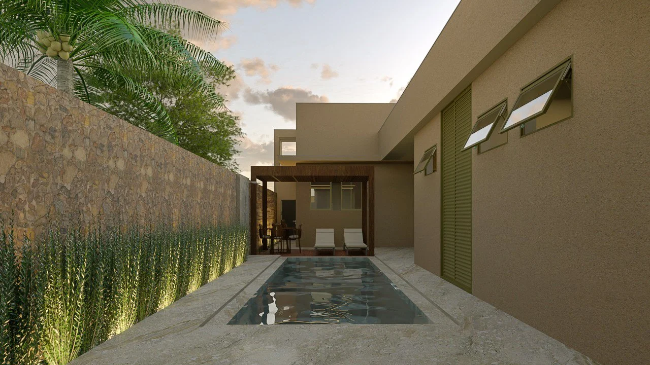 Render dell'area outdoor: prospettiva su piscina. Il camminamento perimetrale in lastre di pietra si integra con una fioriera con luce radente. Zona lounge con pergola minimale.
