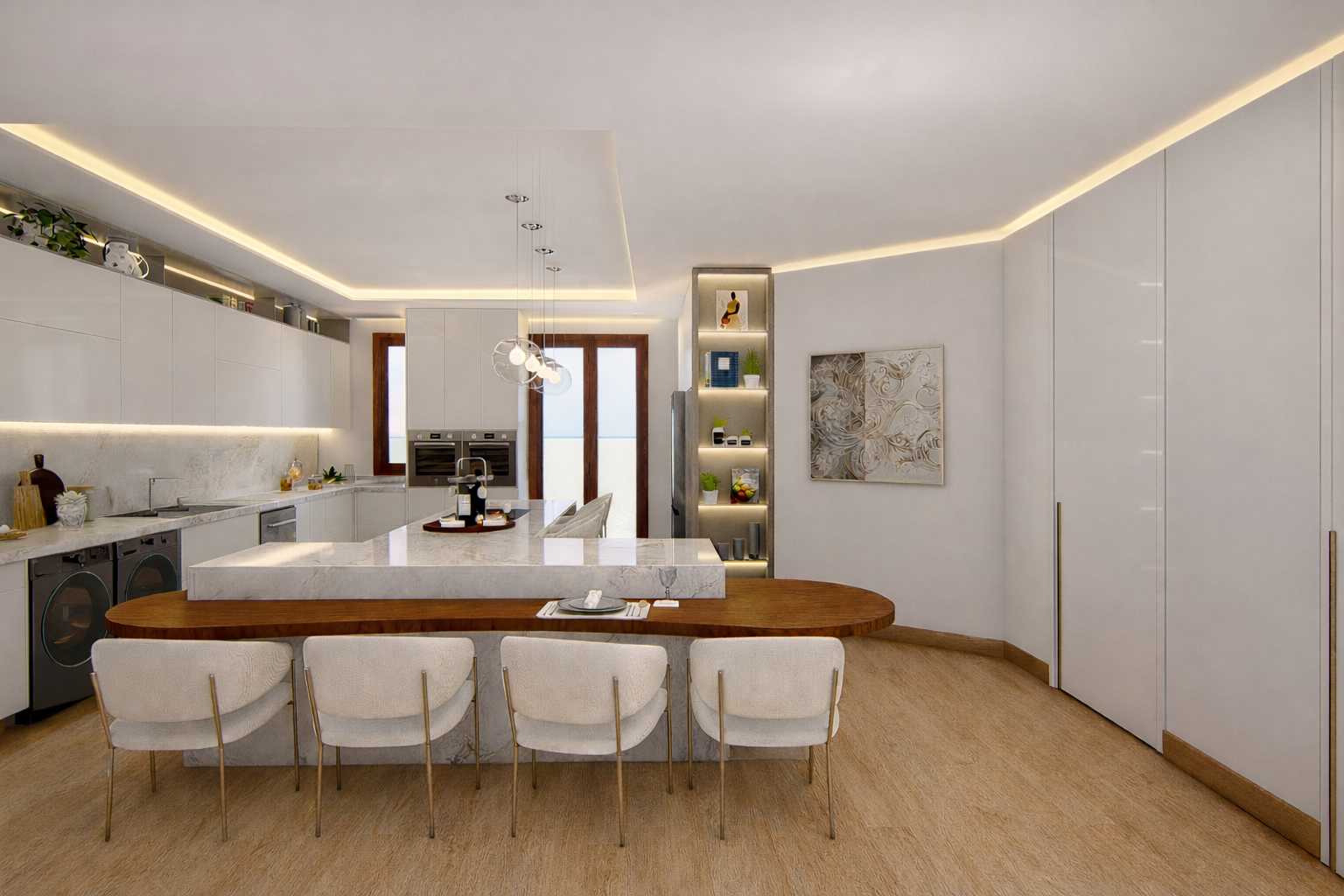 Cucina moderna con isola centrale in marmo bianco, sedie bianche, arredi minimalisti, scaffale con oggetti decorativi, pareti bianche, illuminazione soffusa, ingresso con vetri a doppia anta.