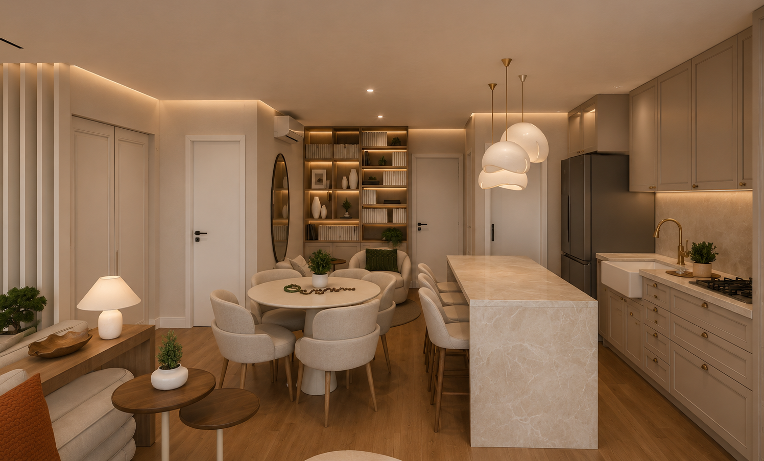 Prospettiva dell’open space che mette in relazione la cucina con isola, il tavolo da pranzo e il living. Materiali naturali, illuminazione indiretta e arredi coordinati costruiscono una composizione equilibrata e conviviale.