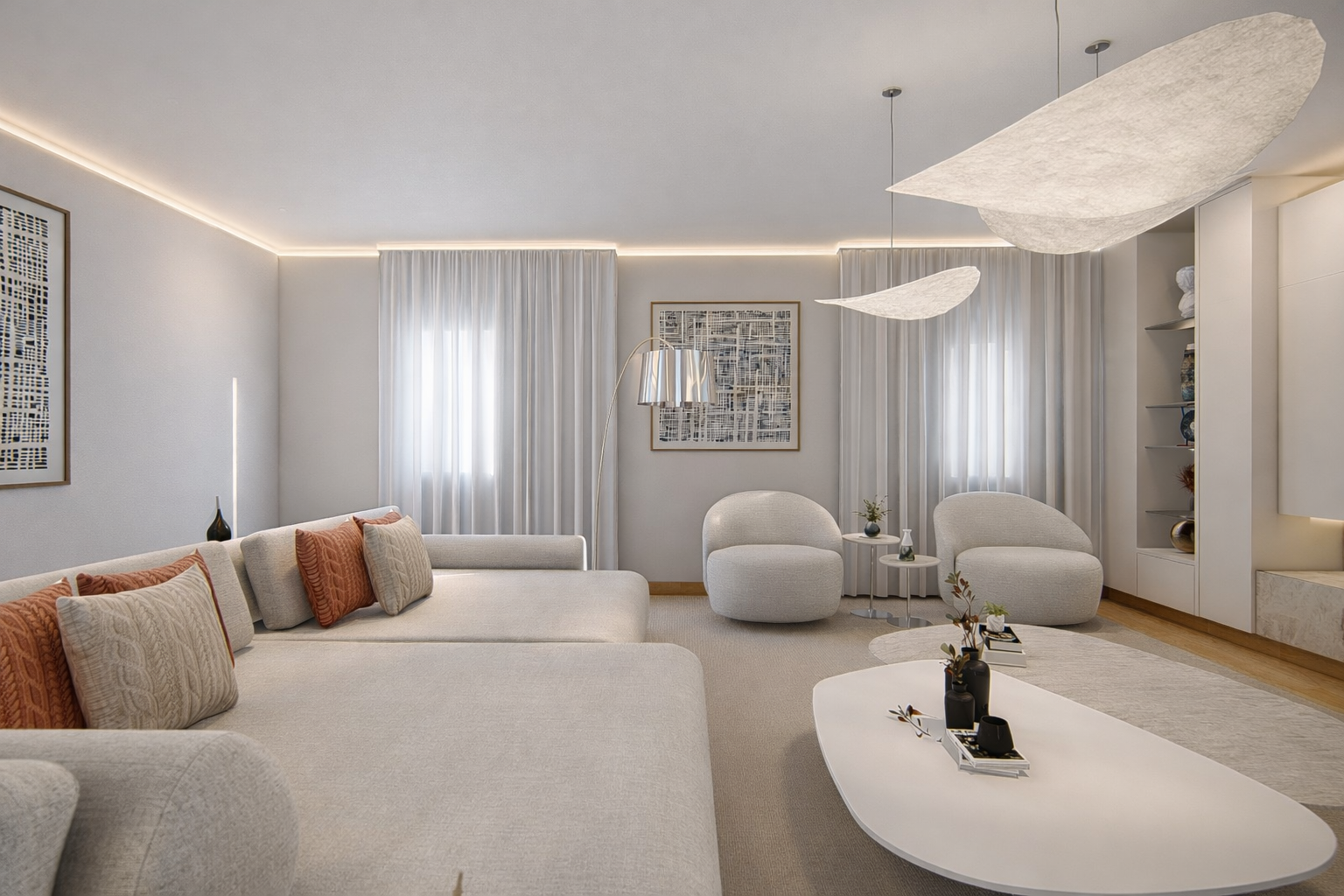 Soggiorno moderno con divano bianco, poltrone rotonde, tavolini e decorazioni minimaliste.