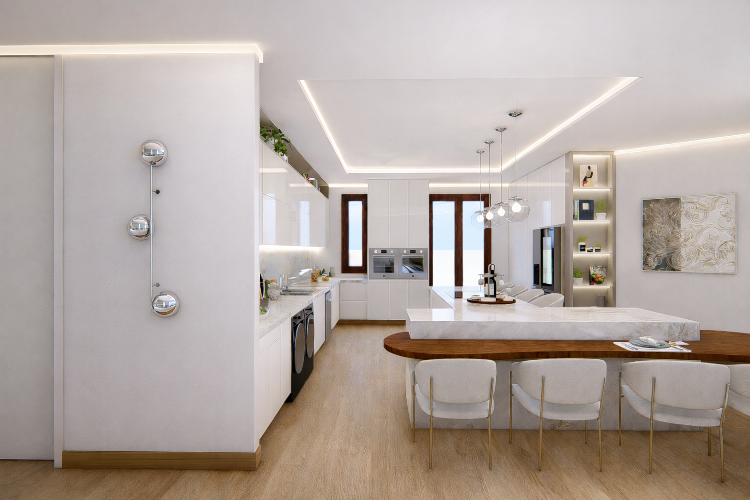Cucina moderna con isola centrale in marmo, sedie bianche, armadietti bianchi, e pannelli in vetro con decorazioni.
