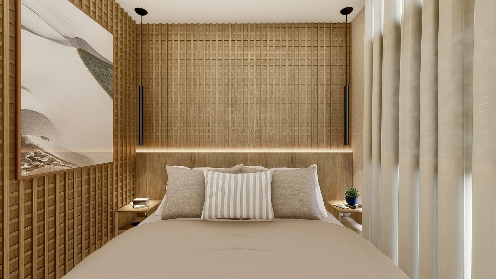 Vista frontale del letto matrimoniale con testata su misura e parete decorativa in legno a motivo geometrico. L’illuminazione LED integrata sottolinea la composizione e valorizza la texture naturale.