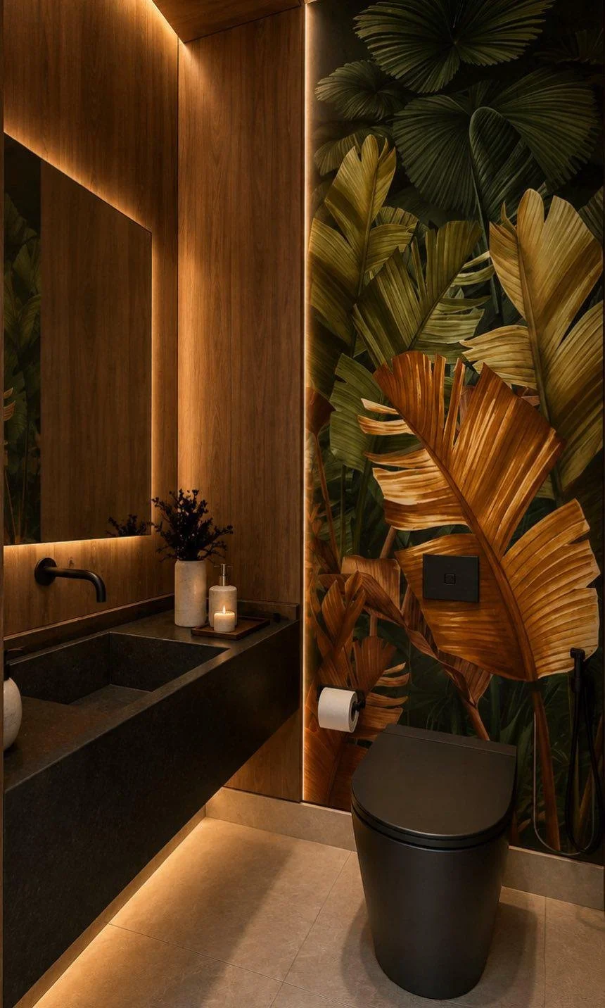 Una parete di grandi foglie cambia completamente il carattere del piccolo bagno e crea un contrasto netto con legno e sanitari scuri.