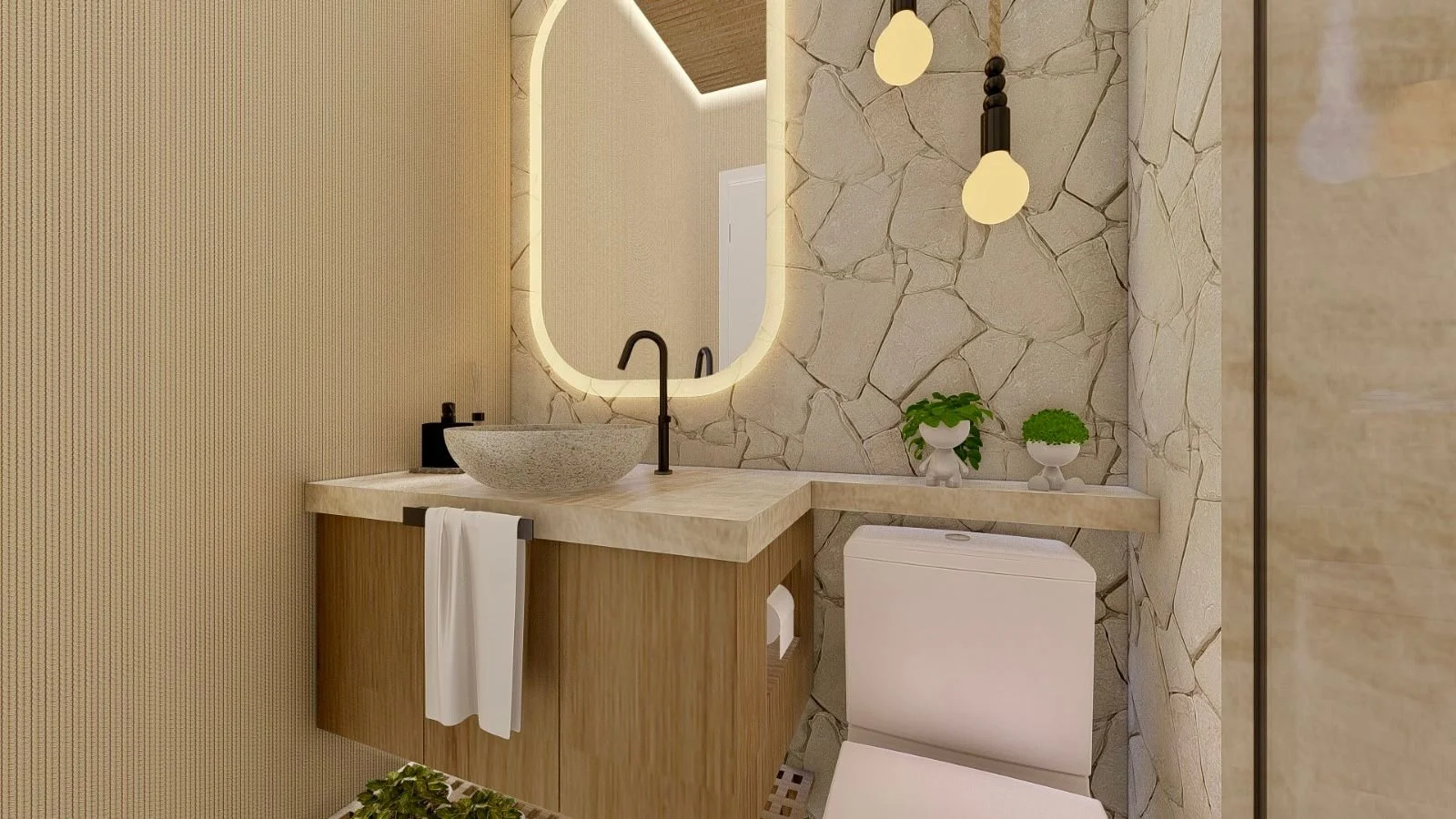 Mobile lavabo in legno per bagno moderno con piano chiaro, lavabo da appoggio, specchio illuminato e parete in pietra.