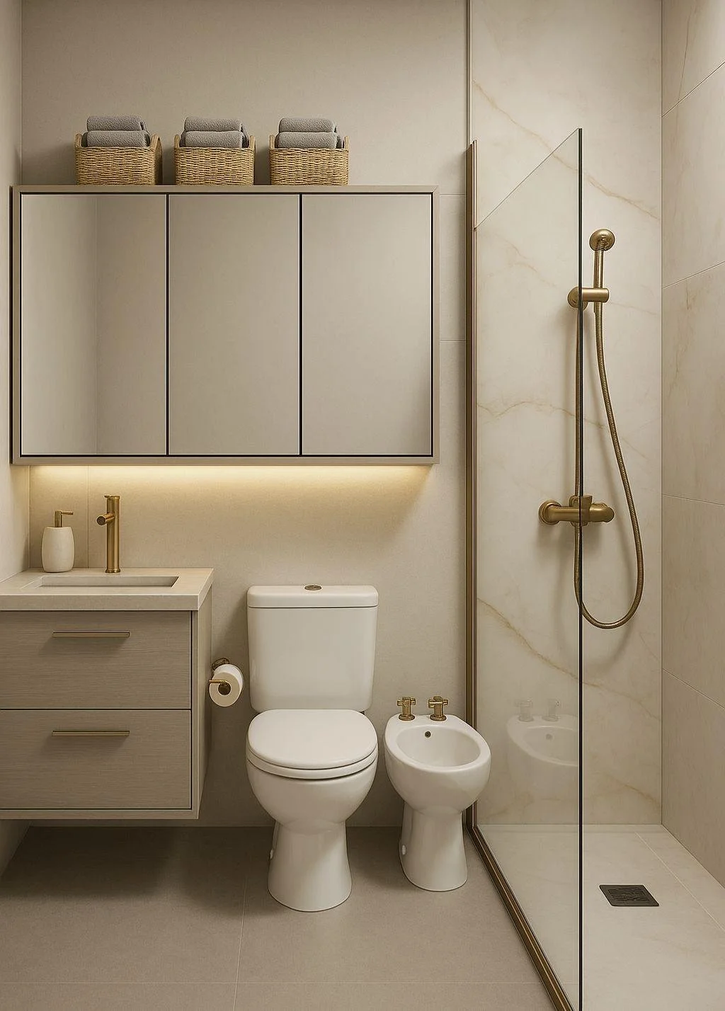 Arredo bagno piccolo e funzionale con mobile lavabo a cassettoni, armadietto a specchio con illuminazione LED sottopensile e box doccia con rivestimento effetto marmo.