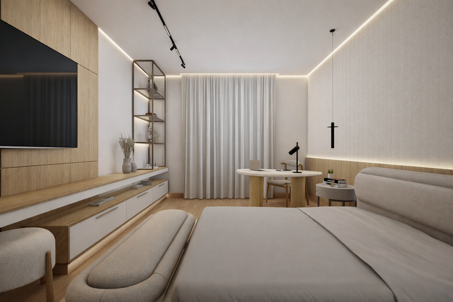 Dettaglio della testata letto con carta da parati decorativa in camera matrimoniale ospiti dallo stile elegante e sobrio.