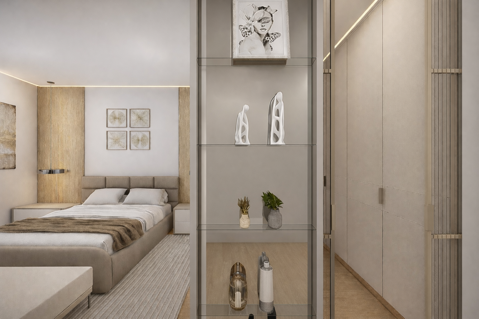 Stanza matrimoniale dal design contemporaneo con testata valorizzata da pannelli in legno e atmosfera raffinata.