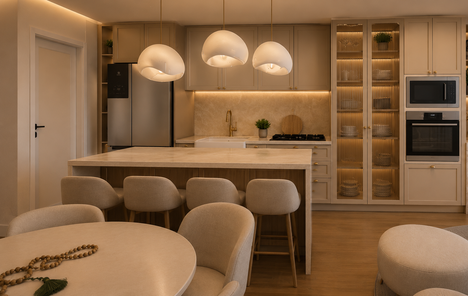 Zona giorno open space con living, cucina, zona pranzo e arredi su misura, interior design classico