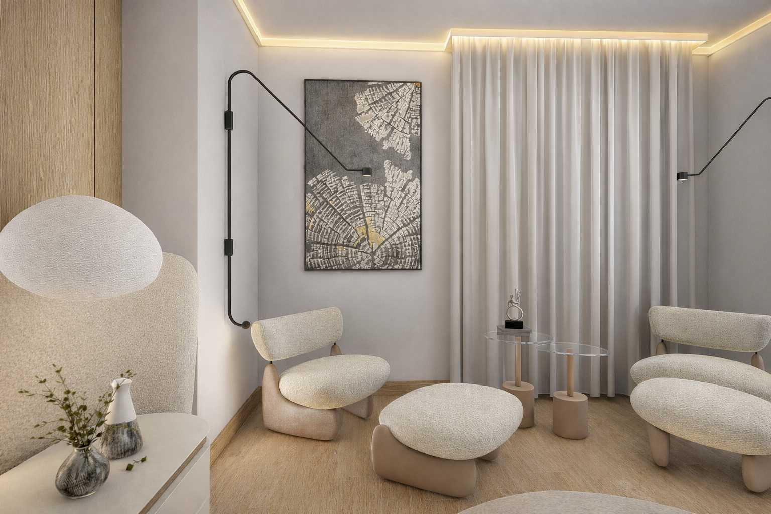 Balcone arredato con poltrone relax, ideale come estensione della stanza matrimoniale in stile contemporaneo naturale.