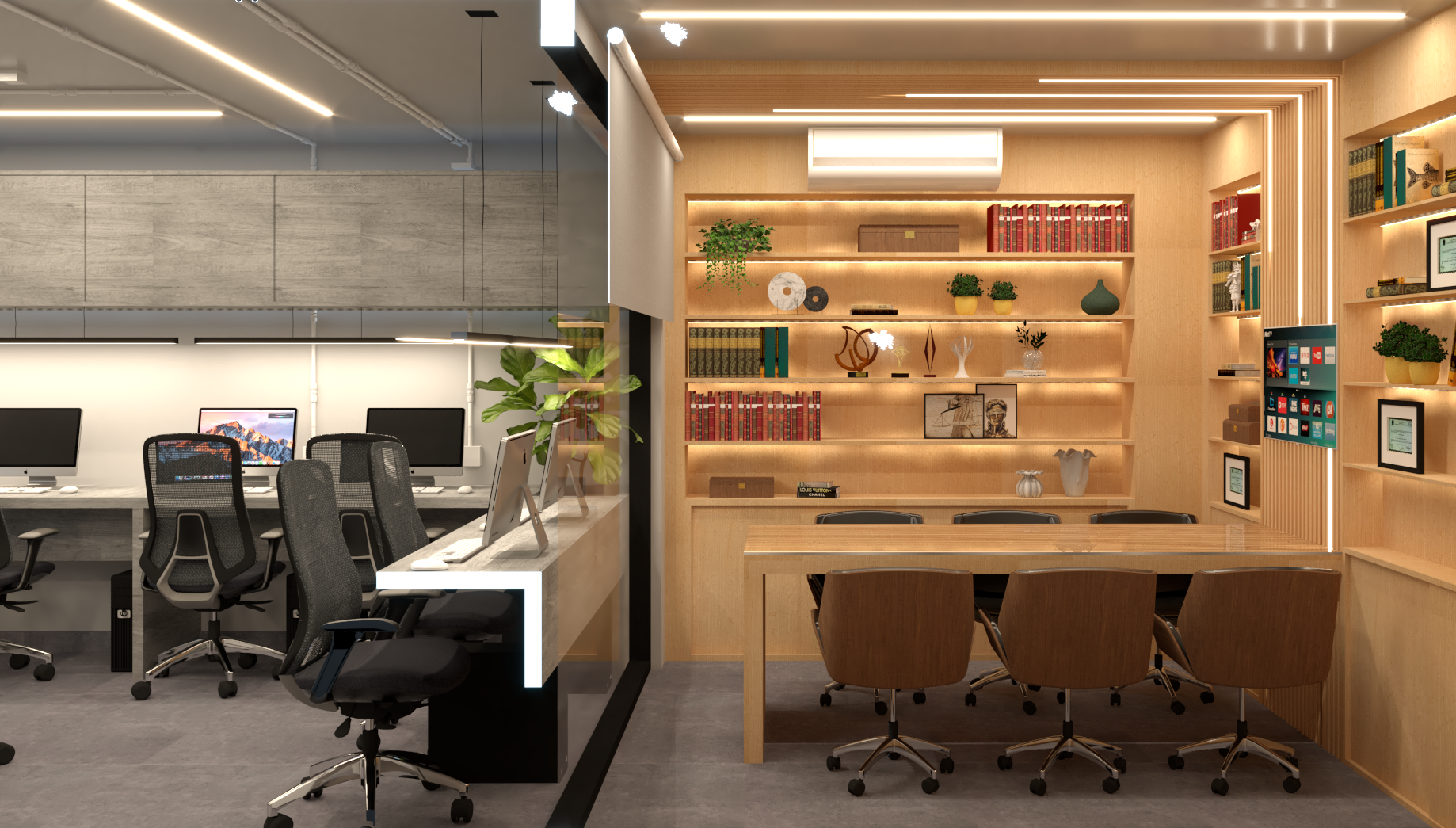 Un ambiente meeting elegante e funzionale: boiserie in legno con luci, sedute da riunione e tenda scorrevole per aprire o separare dalla sala operativa.
