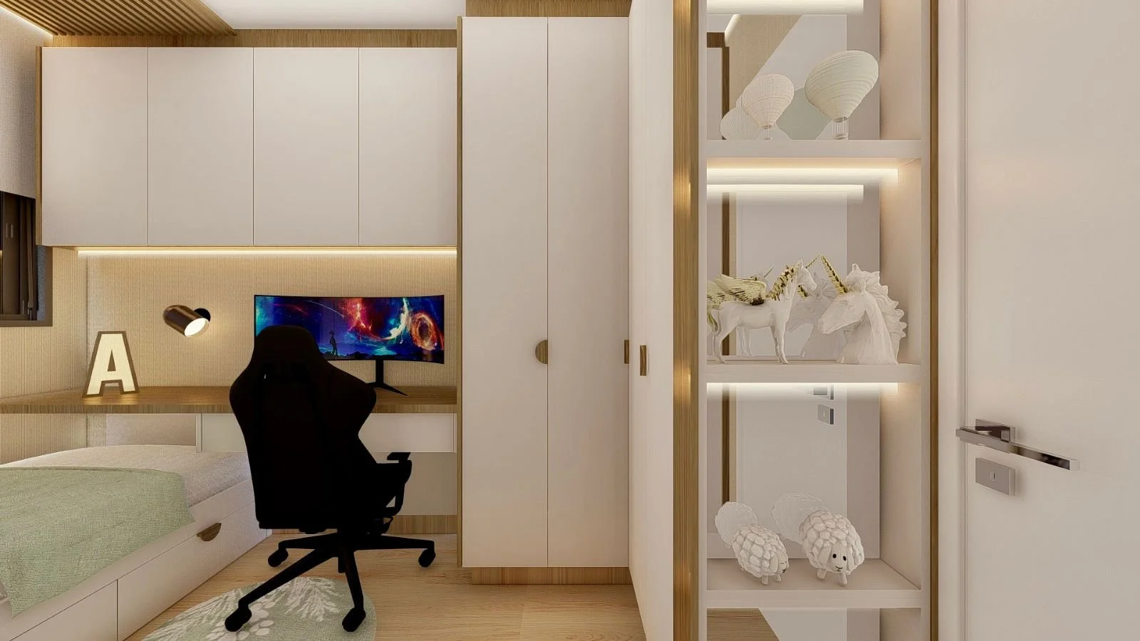Camera moderna con scrivania e postazione gaming, armadi su misura e arredamento in legno e bianco.