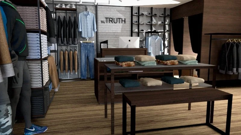 Un’esposizione sartoriale anche nello spazio: mobili su misura che incorniciano i capi.